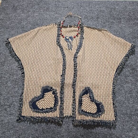 VTG Handmade Denim Hippie Shirt Vest Open Festival Hearts Fringe Psychedelic 60s - Picture 1 of 14